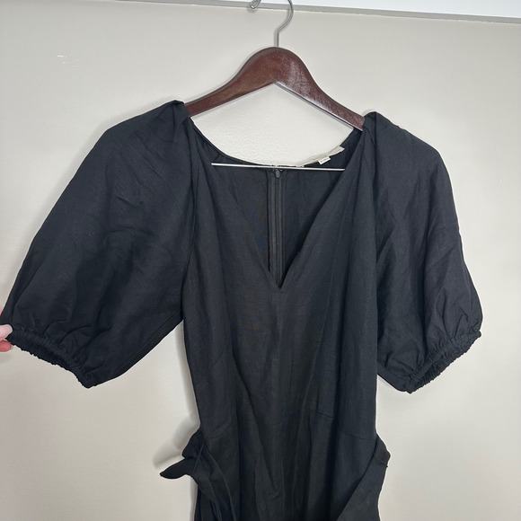 LOFT Women's Black Linen Blend Belted Puff Sleeve V Neck Midi Dress Petite 8P - Picture 3 of 11